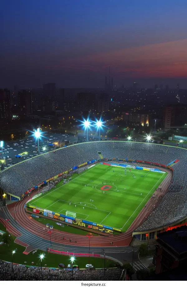 A soccer match is being held in a large stadium at night