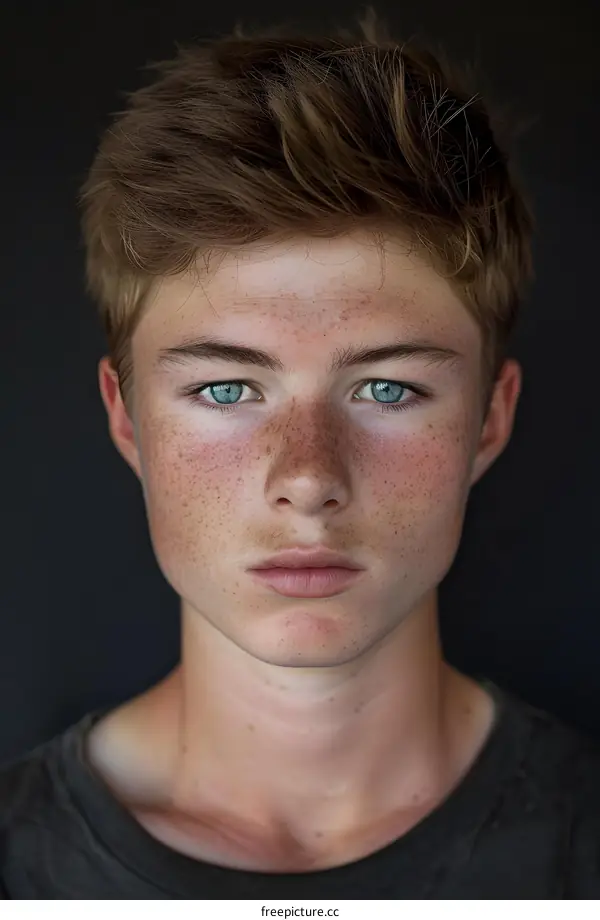 Portrait of a Young Man with Blue Eyes and Freckles