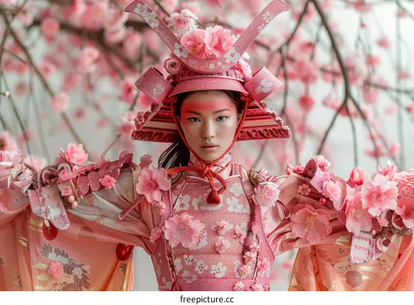 Portrait of a young woman wearing a pink samurai armor with cherry blossoms
