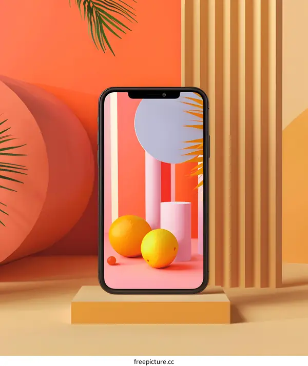 Modern Abstract Mobile Phone Wallpaper Design with Orange and Yellow Fruits on Pink Background