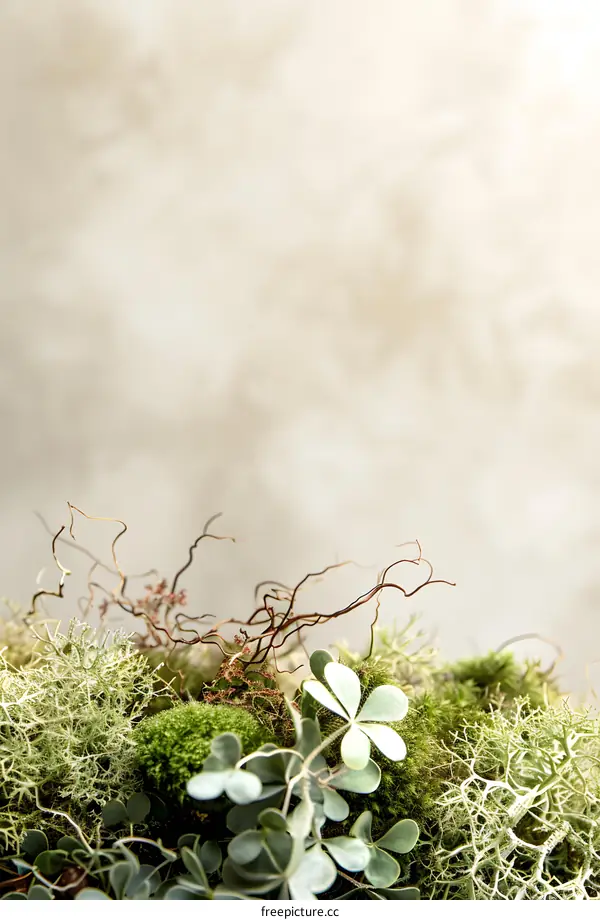 Green Moss and Twigs on White Background