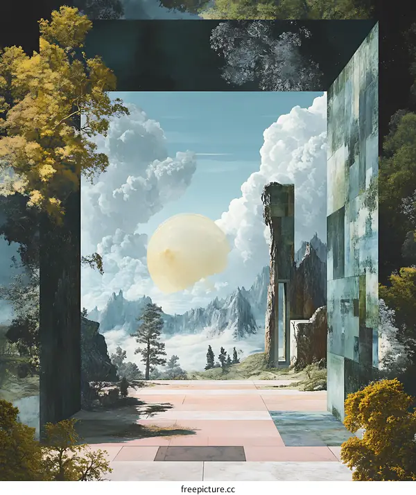 Surreal Landscape With a Large Moon and a Stone Archway