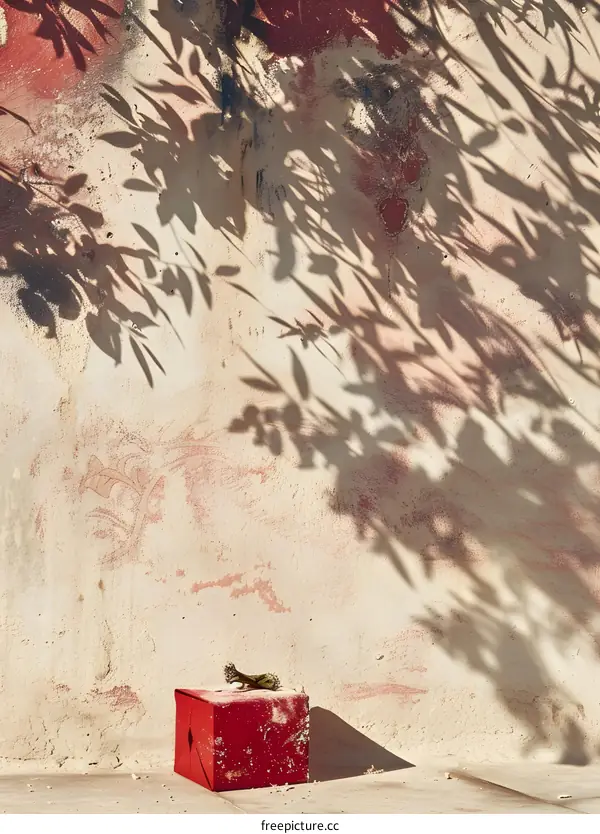 Red Box On The Wall With Leaves Shadows
