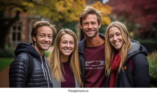 Happy family of four with two teenage children posing outside in the fall