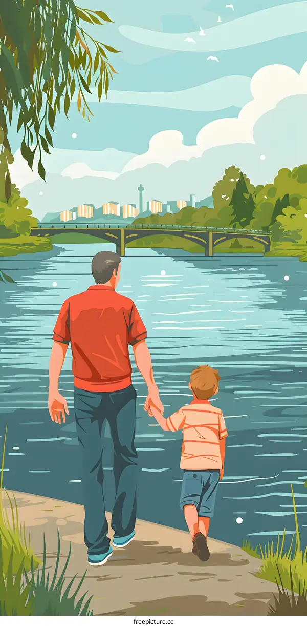 Father and Son Walking by the River