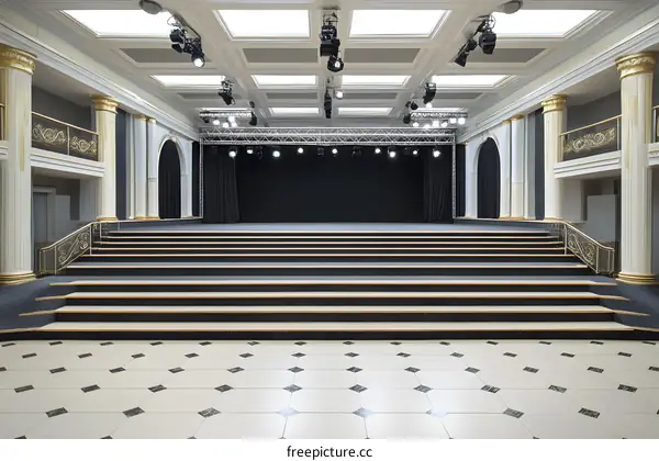 Empty Stage with Black Curtains and Lighting Equipment in Grand Hall