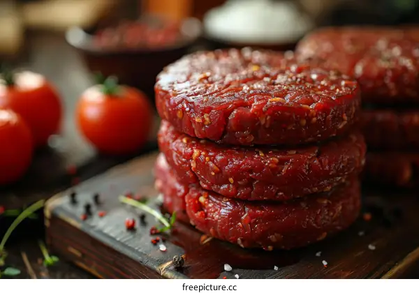 Raw hamburger patties with spices and tomatoes