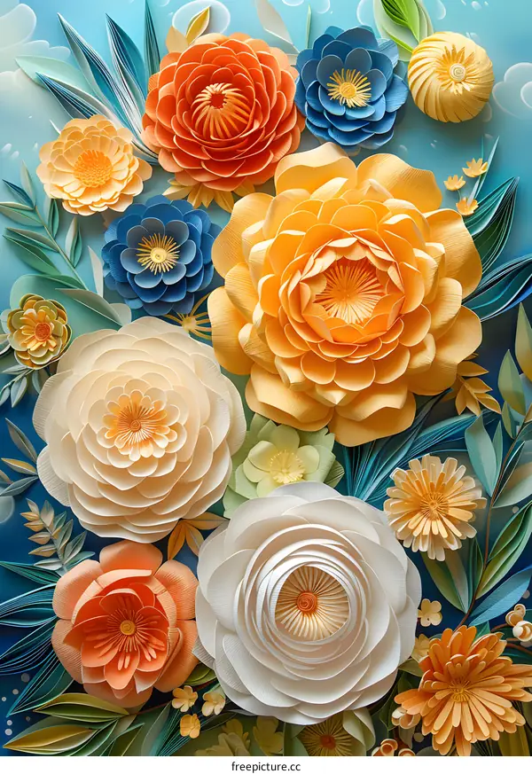 Colorful Paper Flowers on Blue Background