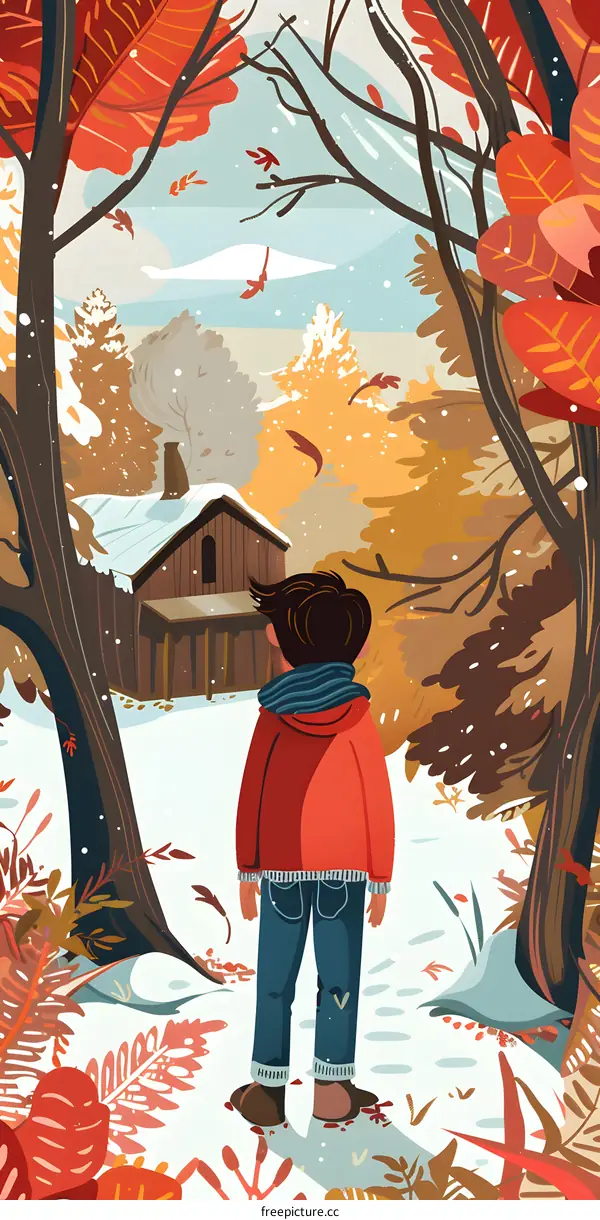 Winter Wonderland Illustration with a Boy Looking at a Cabin