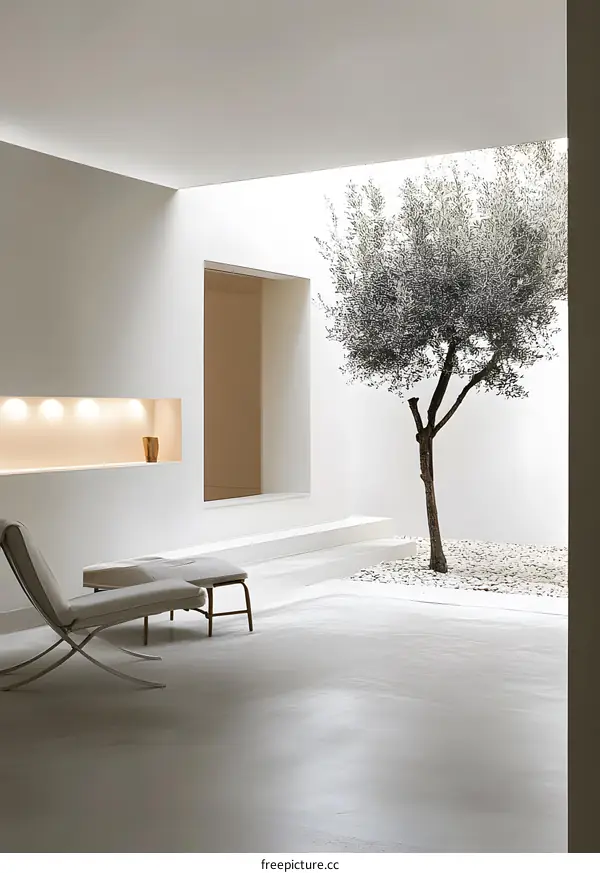 Minimalist Interior Design with White Walls and an Olive Tree
