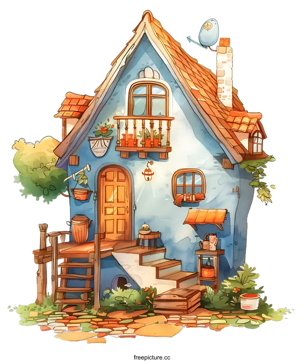 [Transparent Background PNG]Cute Cartoon Blue House with Orange Roof