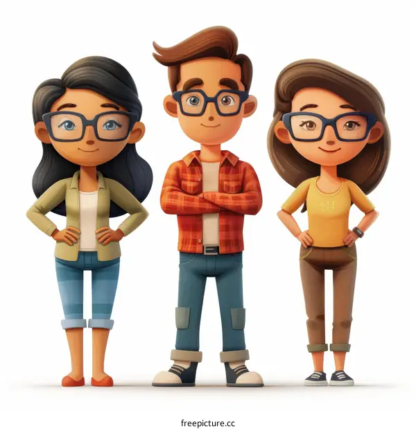 Three cartoon characters with glasses