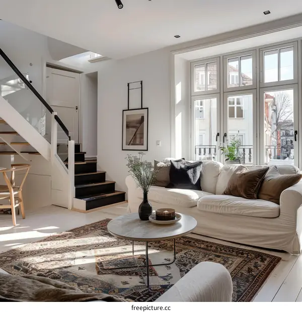 Bright and Airy Living Room With White Sofa and Dark Wood Floors
