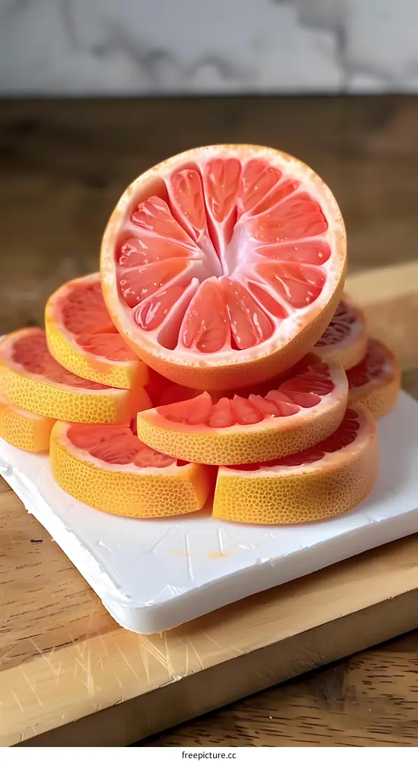Freshly Sliced Pink Grapefruit on White Cutting Board
