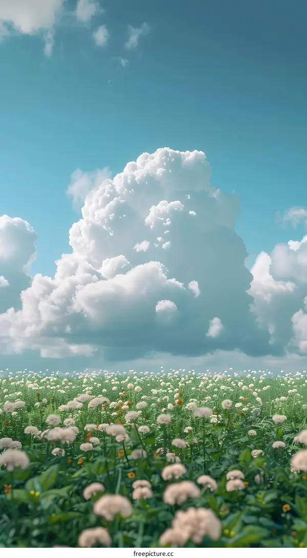 White clouds, green grass, and colorful flowers under the vast sky
