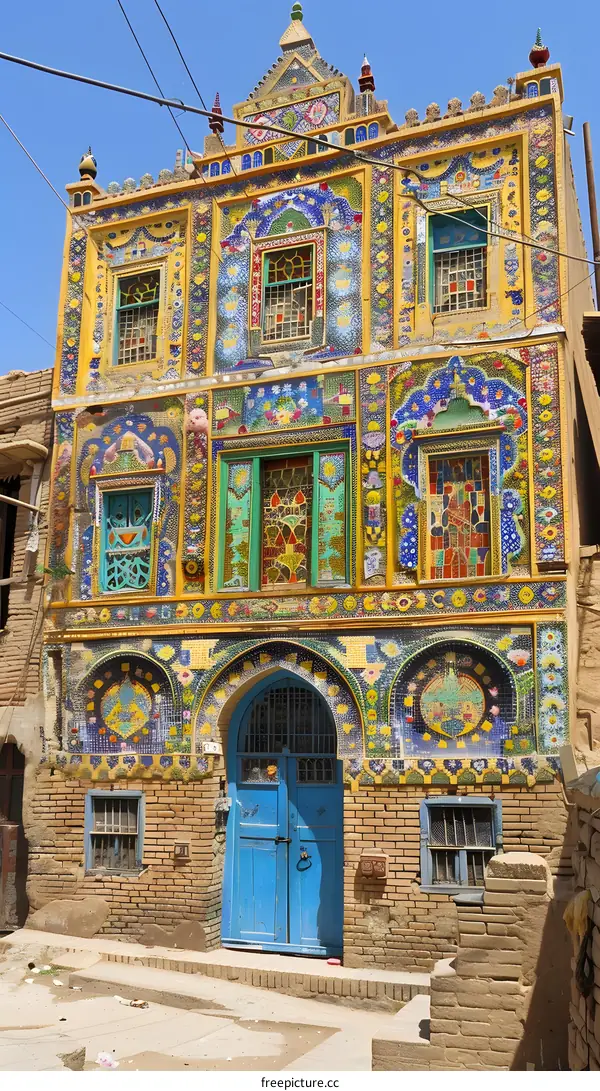 Colorful Mosaic Decorated Building Facade in Middle East