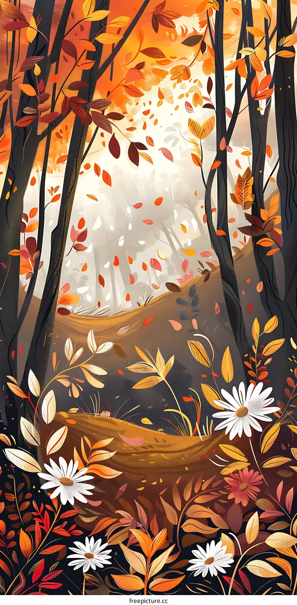 Autumn Forest Illustration with Falling Leaves
