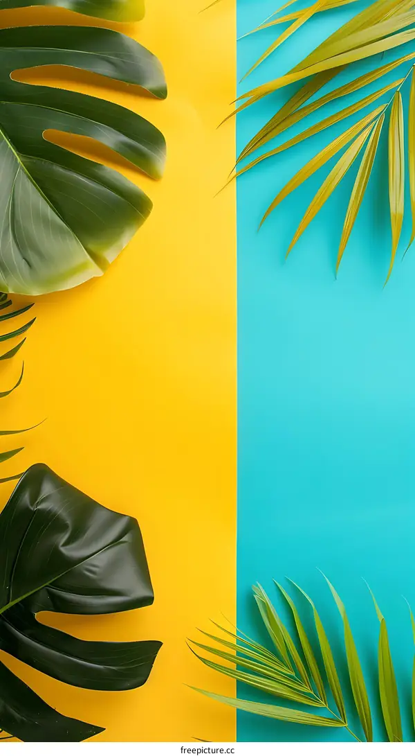 Tropical Leaf Background with Yellow and Blue Colors