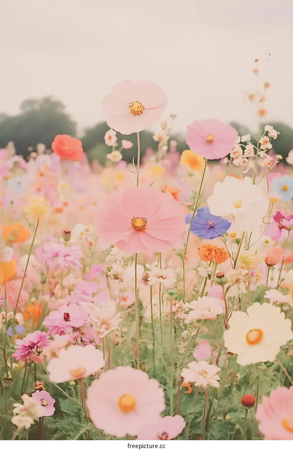 Pink and White Cosmos Flower Field in Summer