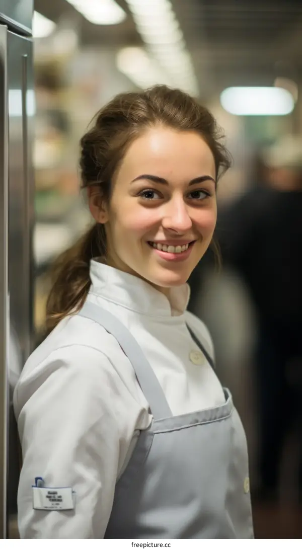 Portrait of a young female chef smiling in a commercial kitchen
