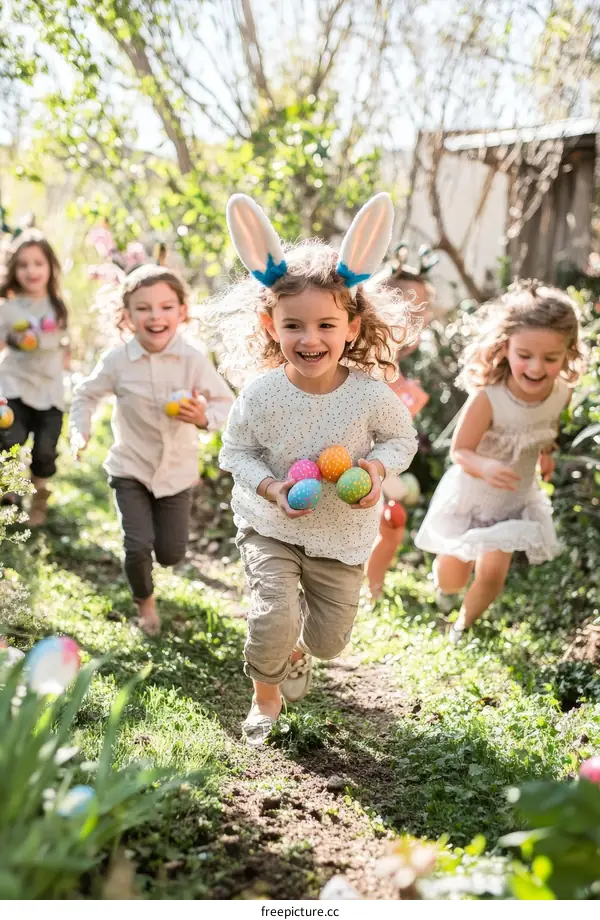 Children Running Easter Egg Hunt in Garden