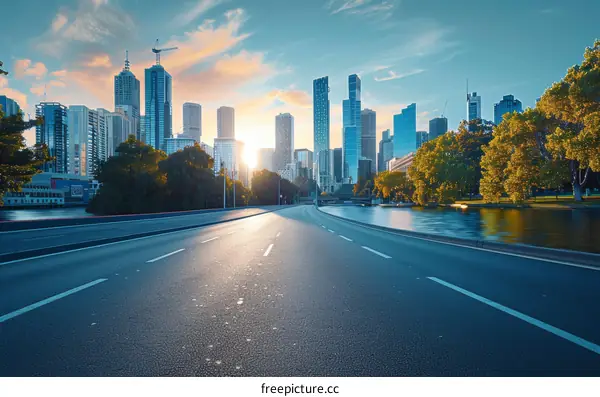 Empty Road Through City Skyline With Golden Hour Light