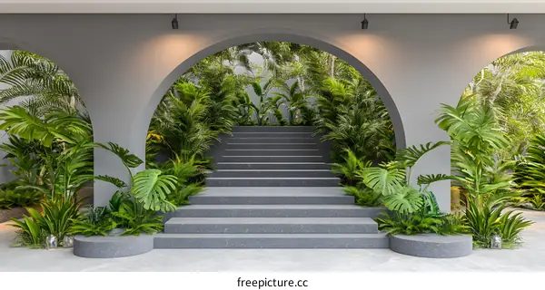 Tropical Garden Entrance With Arched Pathway And Stairs