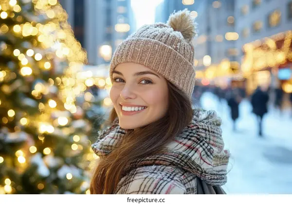 Woman smiles outdoors by Christmas tree