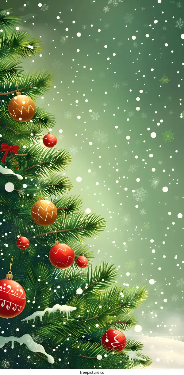 Christmas Tree With Ornaments And Snowflakes