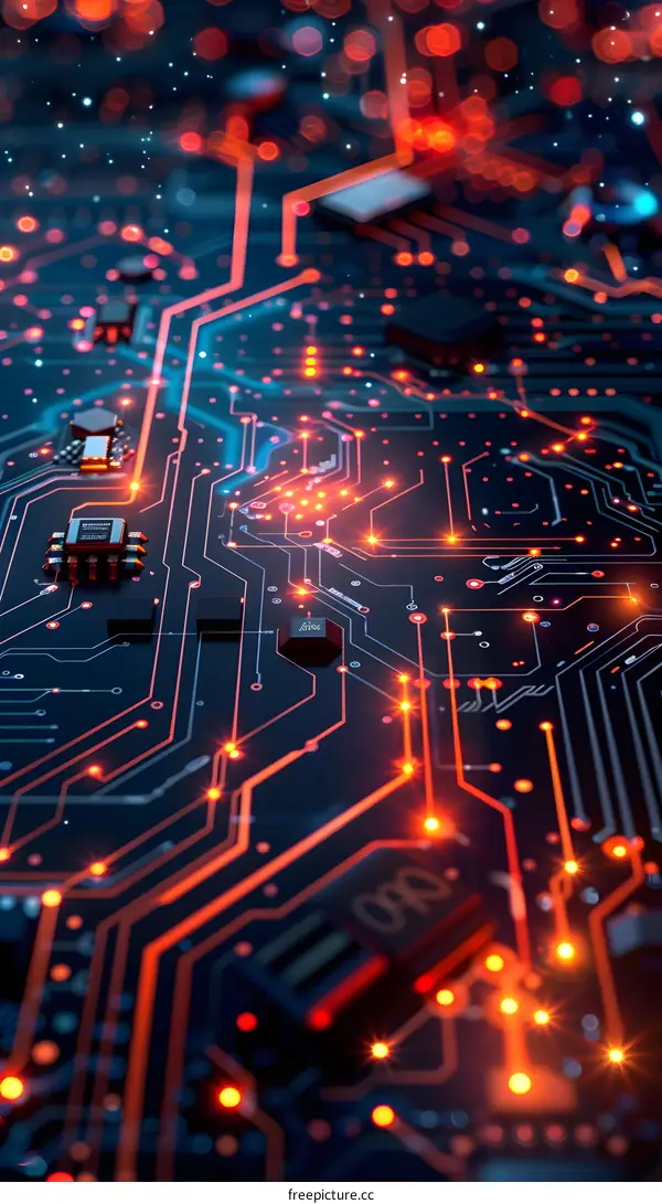 Circuit Board With Glowing Lines And Connected Chips