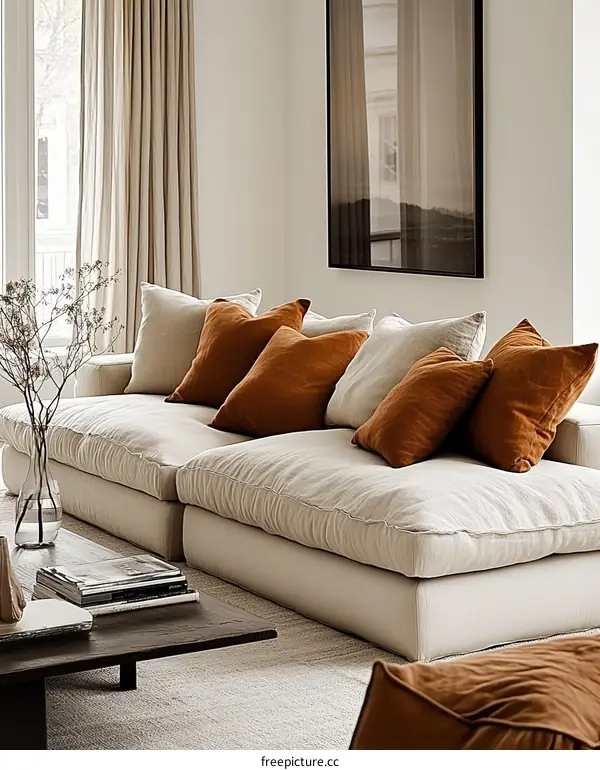 Modern Beige Sectional Sofa with Terracotta Pillows