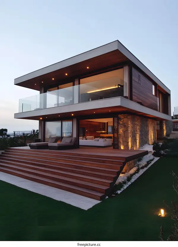 Modern Architecture House With Wooden Deck And Steps