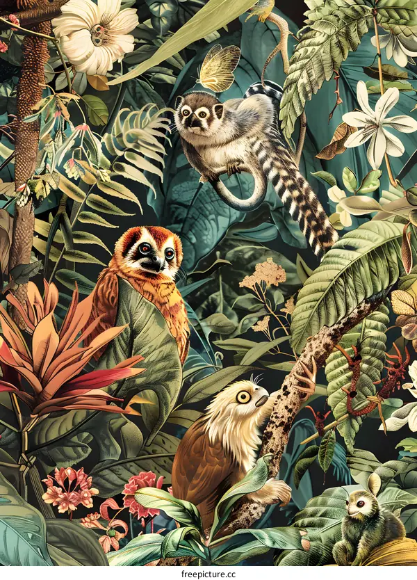 Tropical Jungle Animal Illustration With Monkeys