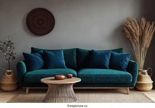 Modern Teal Velvet Sofa Living Room Scene