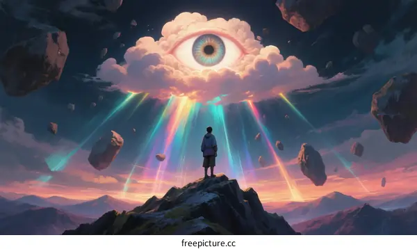 Mountain peak figure under eye cloud with colorful rays in space