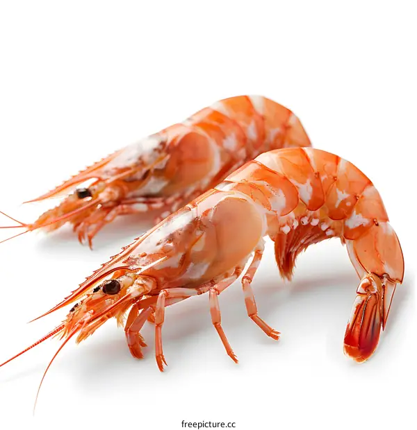 Two fresh cooked shrimps on a white background