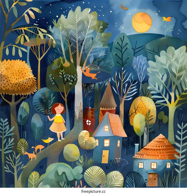 Little Girl Walking Through the Magical Forest at Night