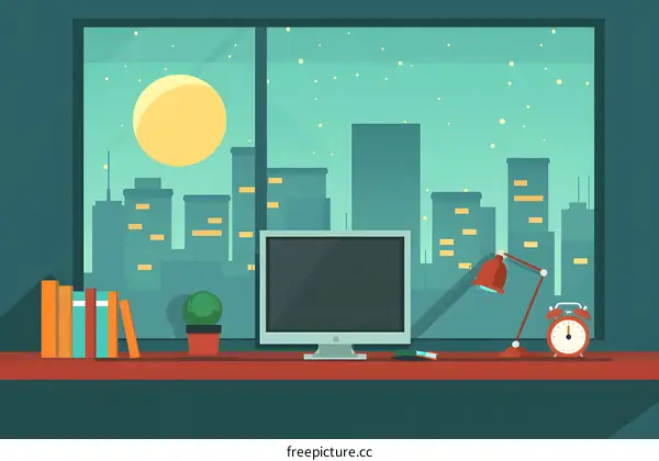 Night View Cityscape From Window Desk