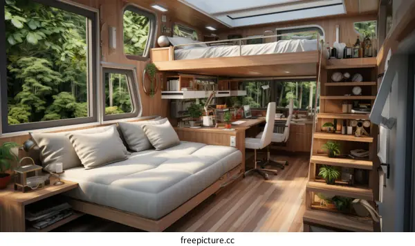 A cozy and modern home office in a camper van