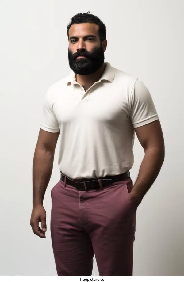 A man with a beard wearing a white shirt and red pants