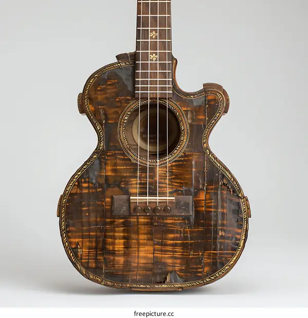 A ukulele made of wood with a shiny surface