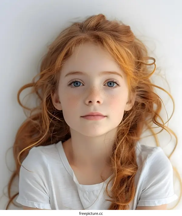 Portrait of a young girl with red hair and blue eyes