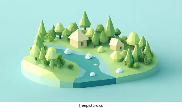 Low Poly Illustration of Green Forest with River and Houses