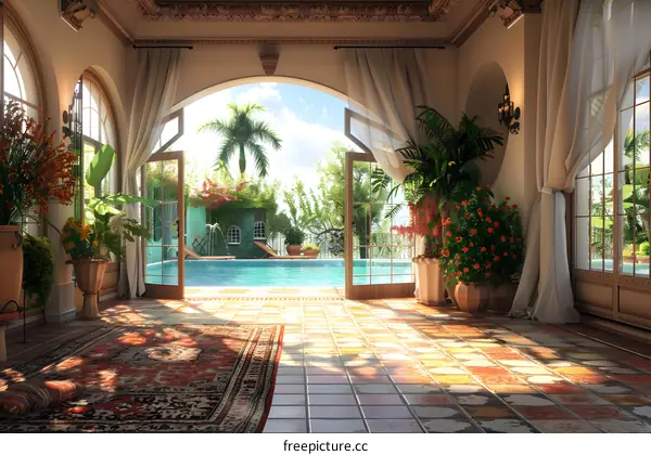 Luxury Villa Interior With Pool View