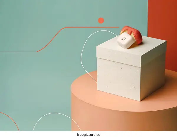 Minimalist 3D Illustration of a White Box with a Cut Apple on Top