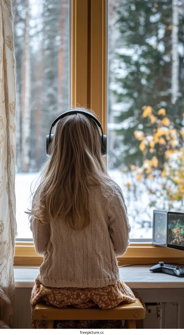 Girl Listening to Music by the Window in Winter