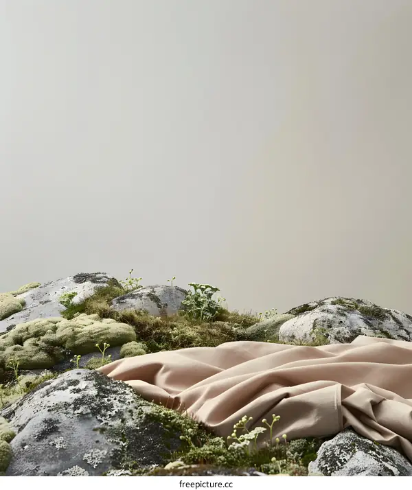 Nature Background with Mossy Rocks and Beige Fabric