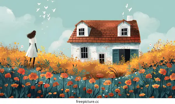 girl standing in a field of flowers looking at a house