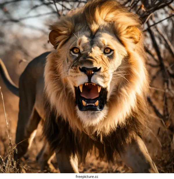 Roaring Lion in African Savanna Portrait