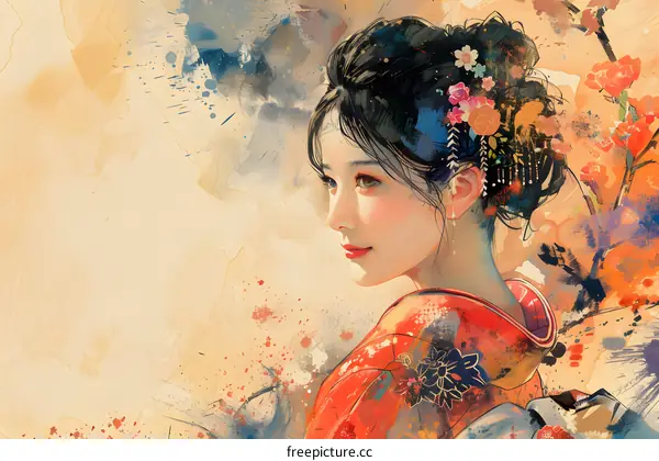 An illustration of a beautiful woman wearing a red kimono with white and pink flowers in her hair